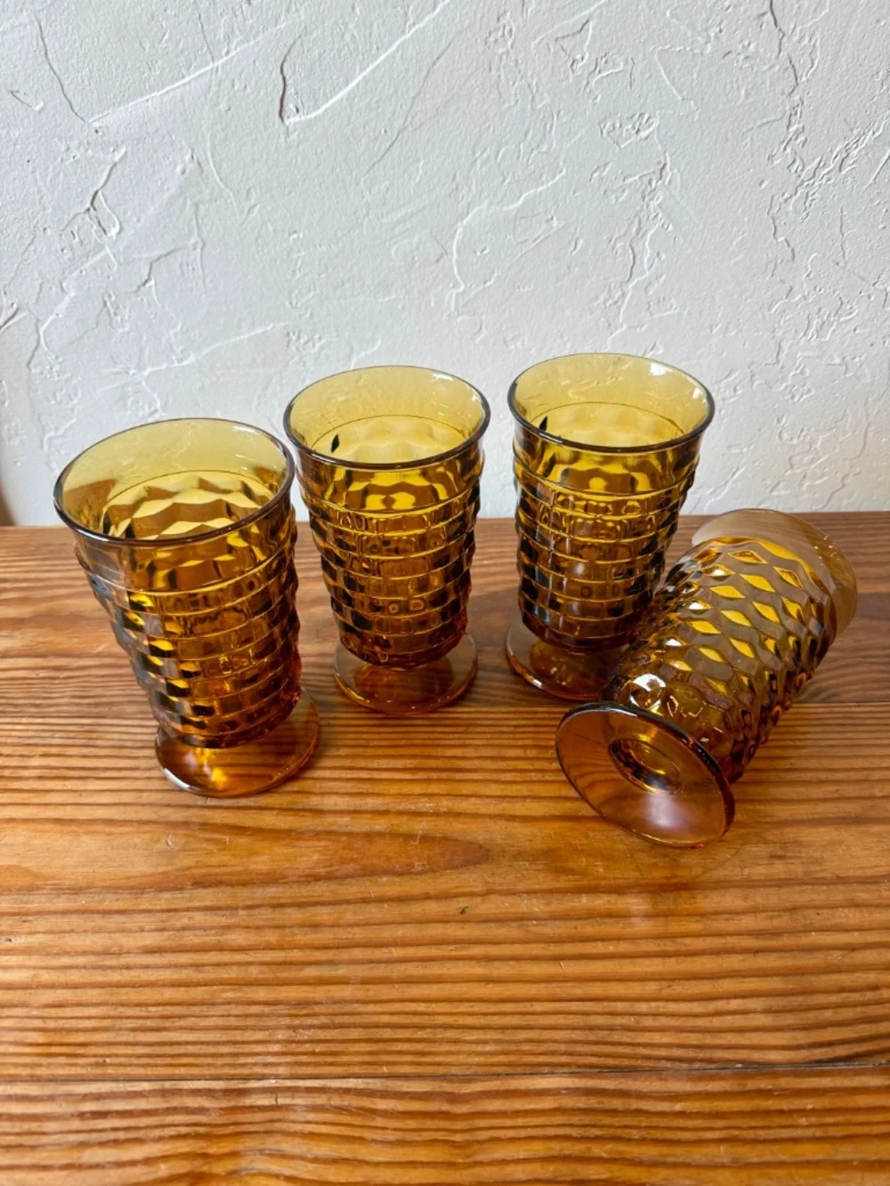 Vintage Indiana Glass Whitehall Cubist Amber Footed Tumblers – Set of 4